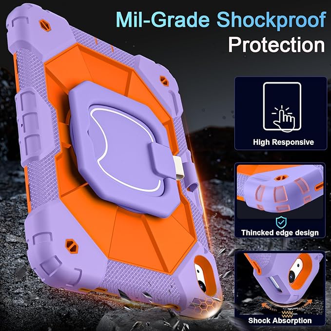 Case for iPad (A16) 11th/10th Generation 2025/2022,10th Gen iPad Case with Screen Protector 360° Rotating Stand,Heavy Duty Shockproof Cover for i Pad 11.0/10.9,Purple Orange