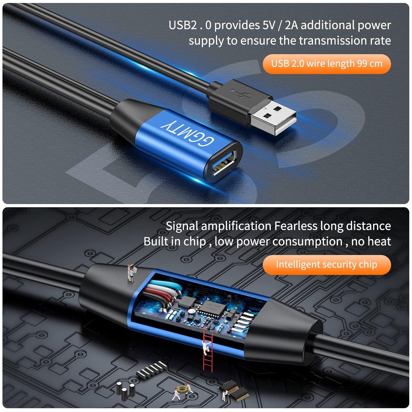 USB 2.0 Type A Male to A Female Active Repeater Extension Cable 50ft, High Speed 480 Mbps