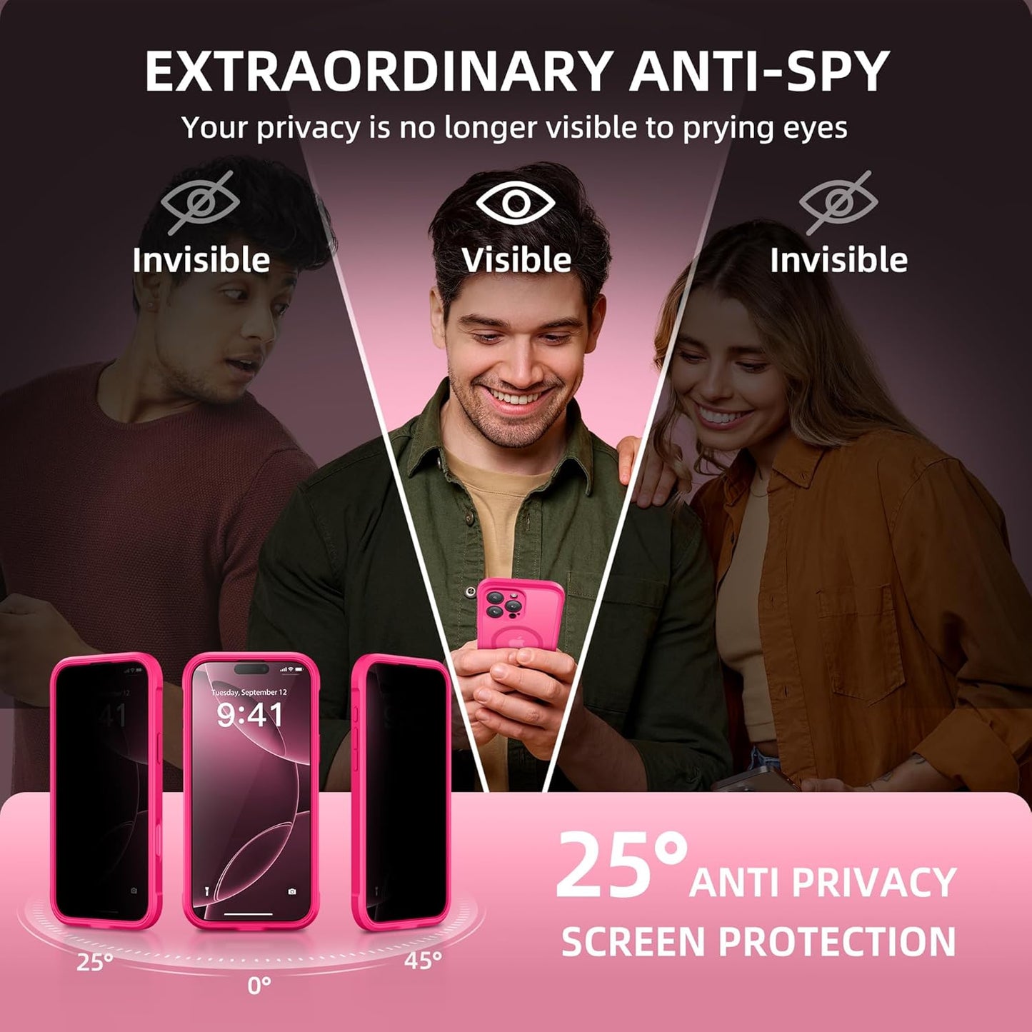 BERFY Magnetic for iPhone 16 Pro Case, Compatible with MagSafe, Built-in Privacy Screen Protector and Upgraded Camera Protection, Anti-Spy Full Body Shockproof Phone Case for 16 Pro 6.3", Hot Pink