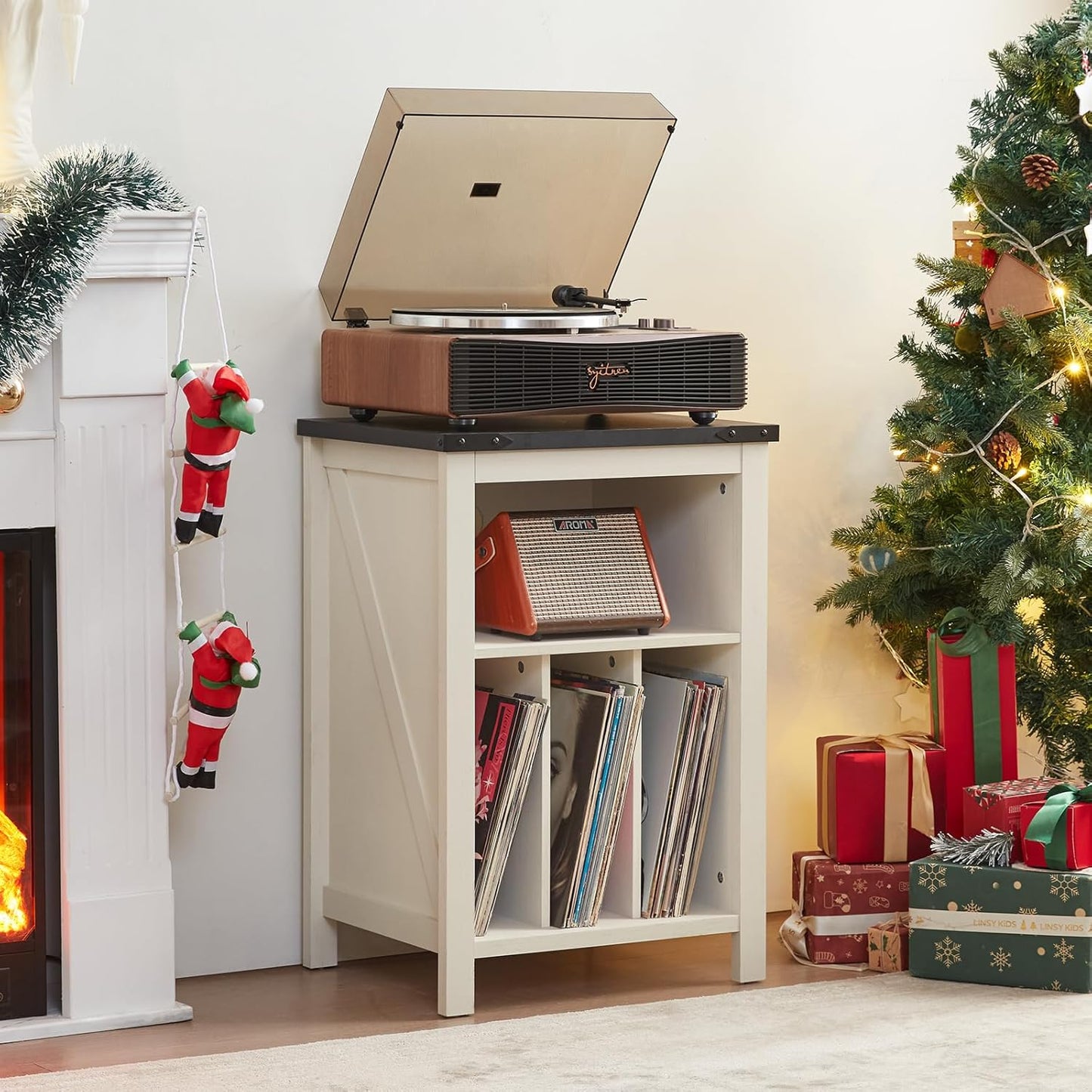 Record Player Stand with Vinyl Record Storage Holds up to 160 Albums,Large Wood Record Player Table，White Turntable Stand Cabinet Dispaly Shelf for Living Room,Bedroom,Office