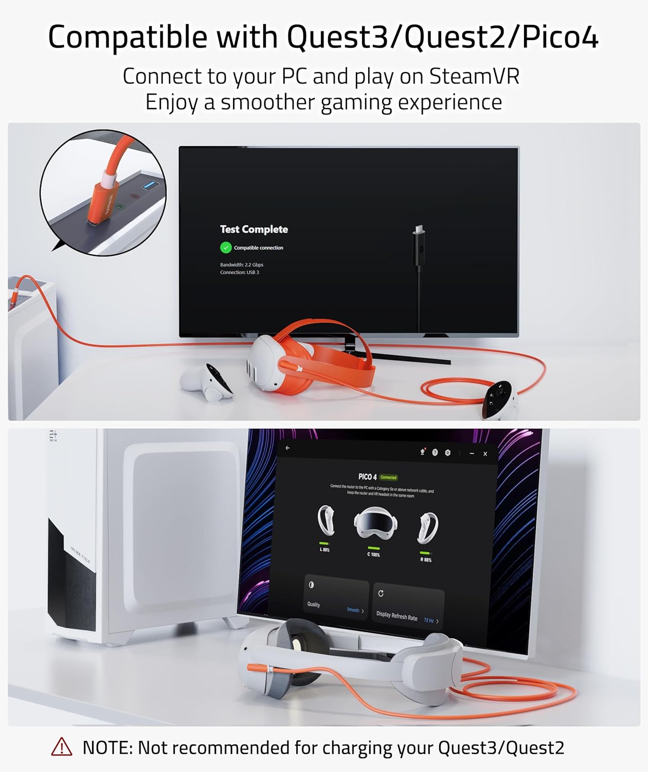 Syntech Link Cable 16 FT Compatible with Meta Quest 3S/Oculus Quest 3, Quest2/Pro/Pico4 Accessories and PC/SteamVR, High Speed PC Data Transfer, USB 3.0 to USB C Cable for VR Headset, Blood Orange