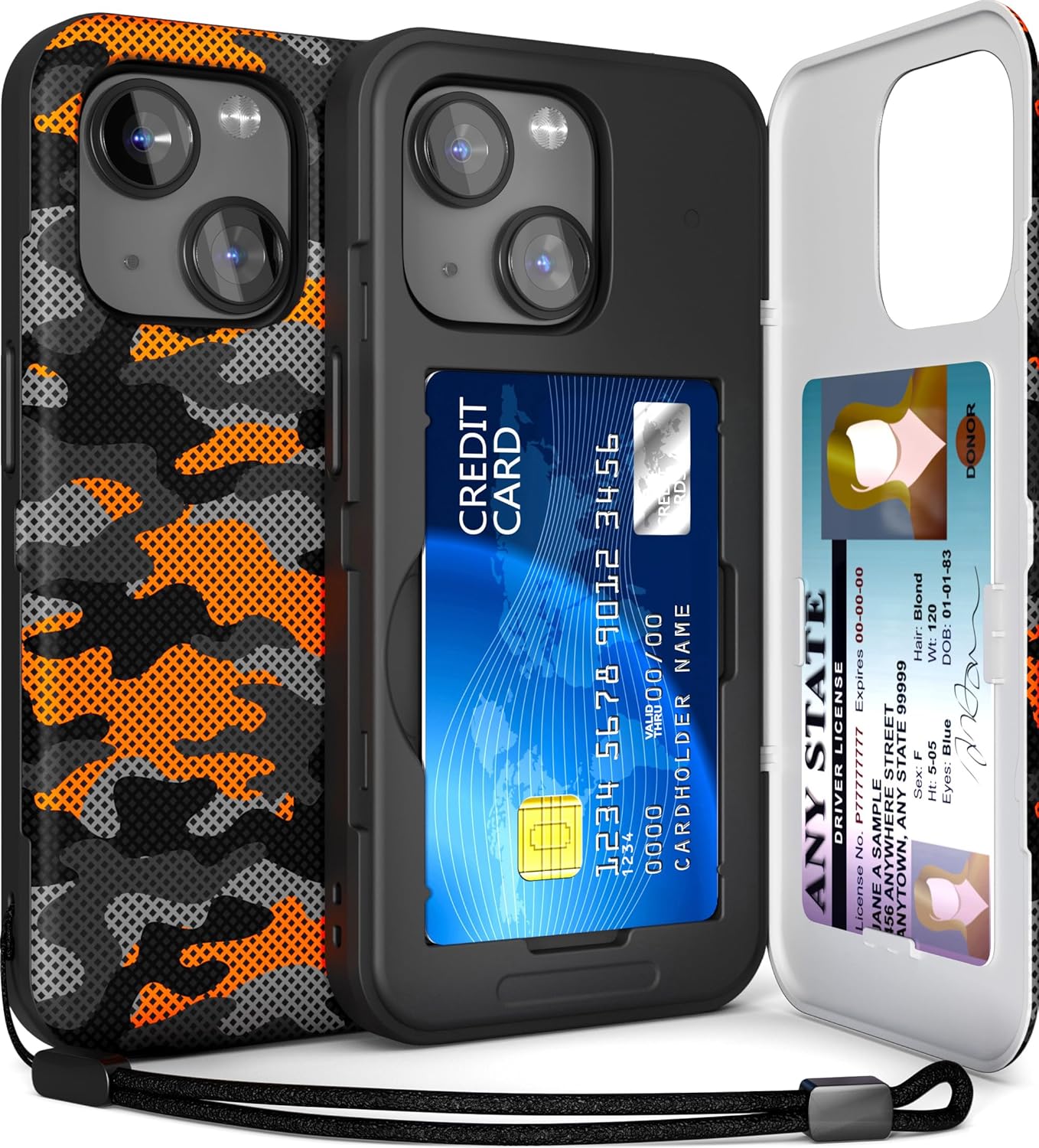 TORU CX Slim for iPhone 15 Case Wallet | Protective Shockproof Heavy Duty Cover with Hidden Card Holder & Card Slot | Mirror & Wrist Strap Included - Camouflage