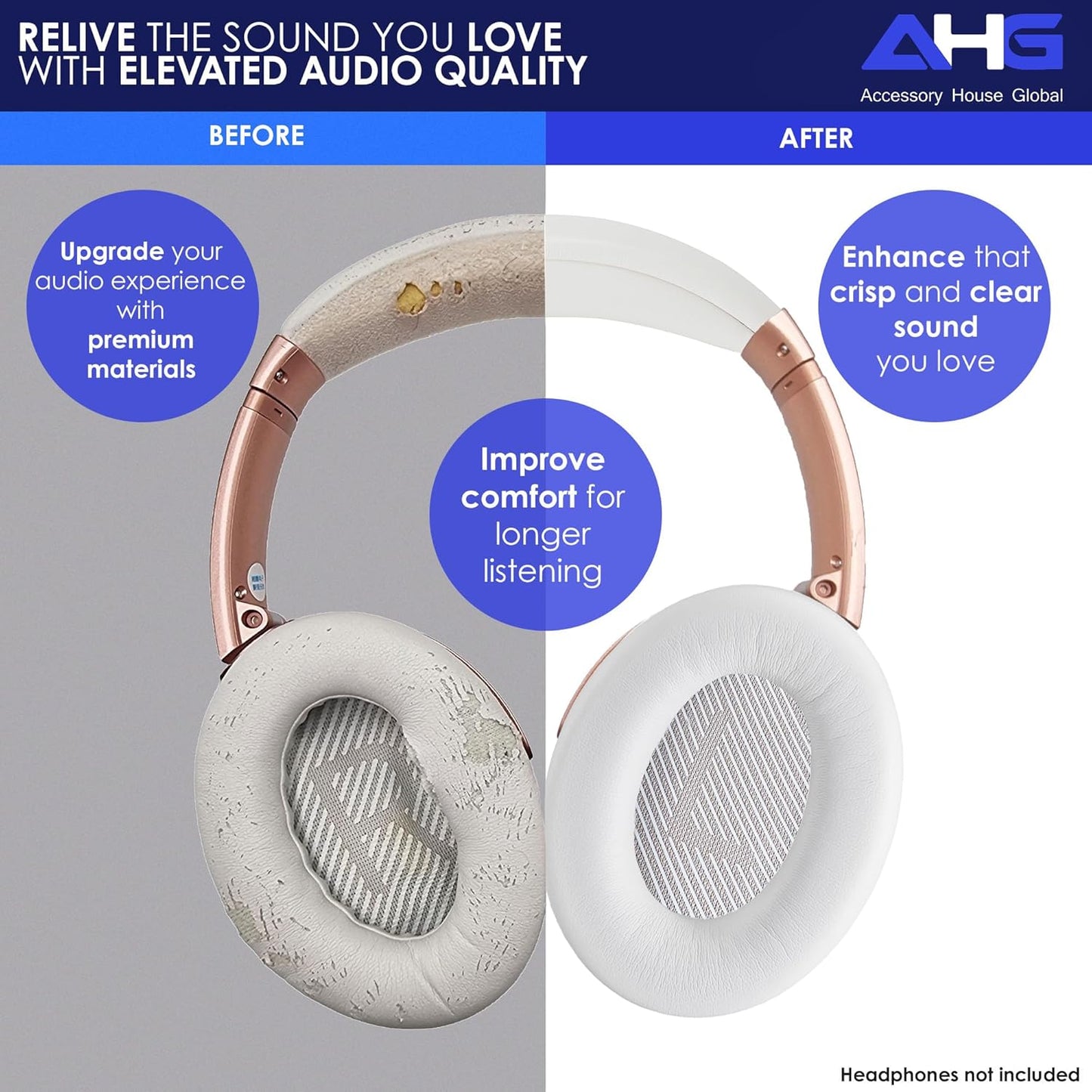 AHG QC35 earpads / QC35 ii Headband pad Cushion kit. Compatible w/Bose QuietComfort 35 ii / QC35 Headphones (White). Premium Headband Design | Seamless DIY Assembly | Superior Comfort and Durability