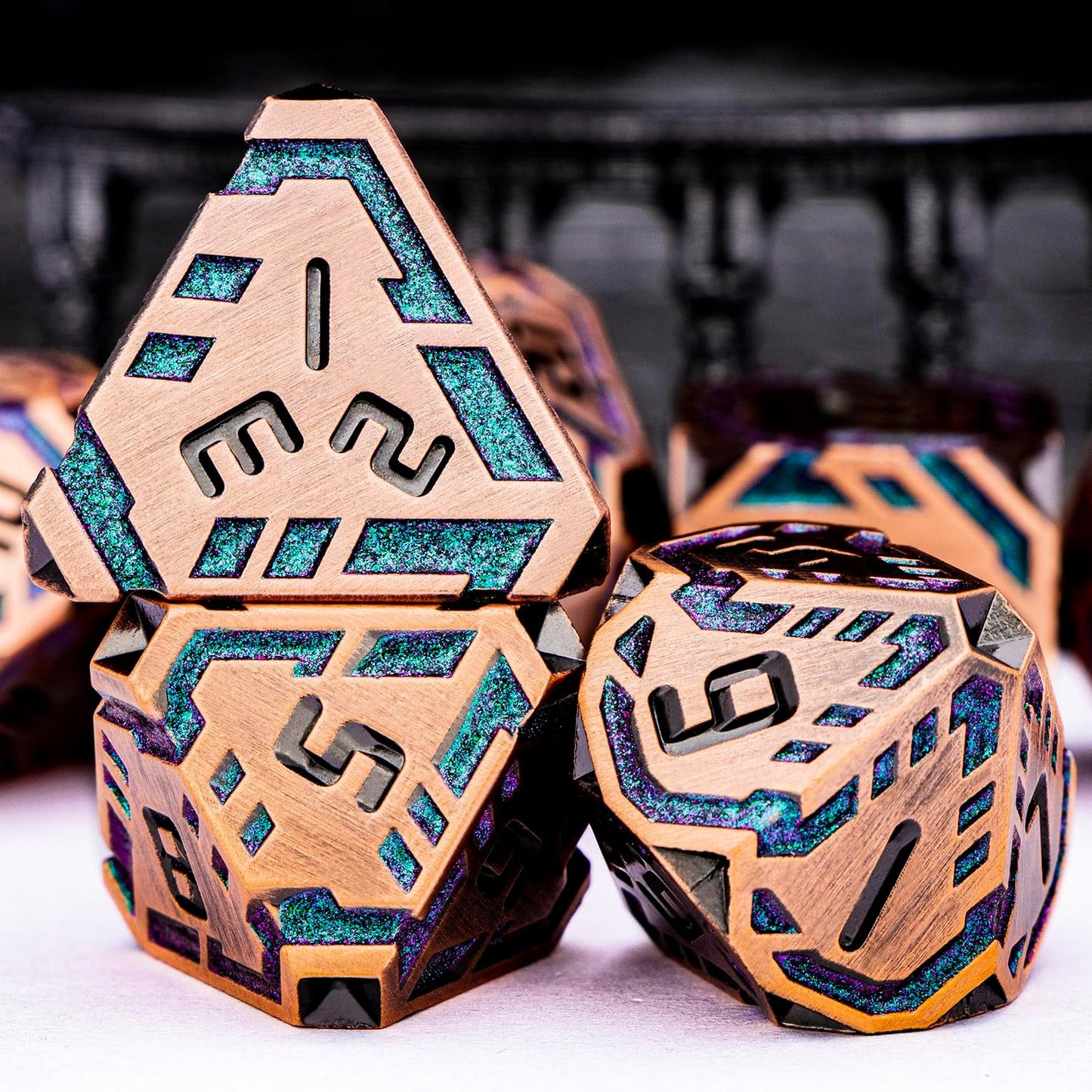 Metal DND Sci-fi Dice Set 7PCS Stripe Polyhedral Dice for Dungeons Dragons RPG Role Playing Game, Glitter D and D Dice with Gift Box D6 D8 D10 D12 D20 (Ancient Bronze&Green Purple)
