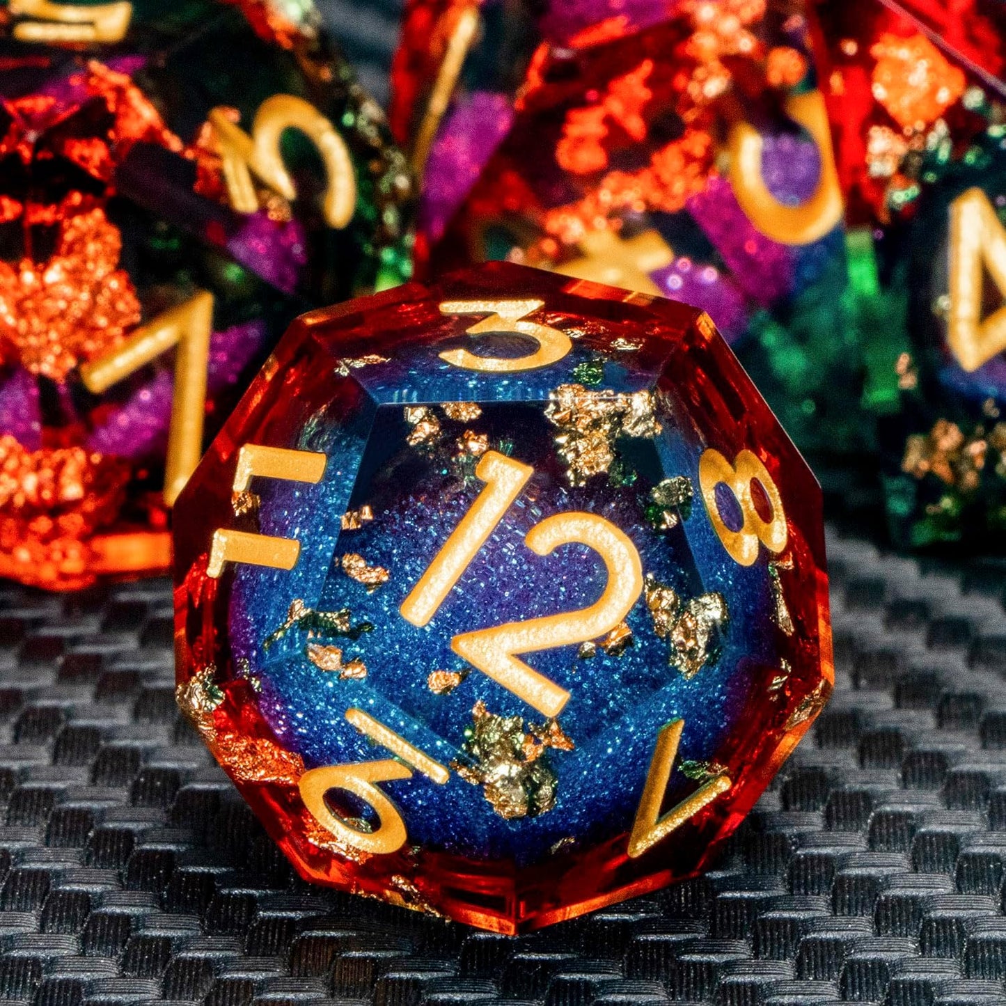 ARUOHHA Liquid Core DND Dice Set, 7pcs Resin Sharp Edged Dragons Dice Compatible with D&D Role Playing Games, RPG Golden Numbers Orange Green Dungeons Polyhedral D and D Dice with Gift Box D20 D10 D6