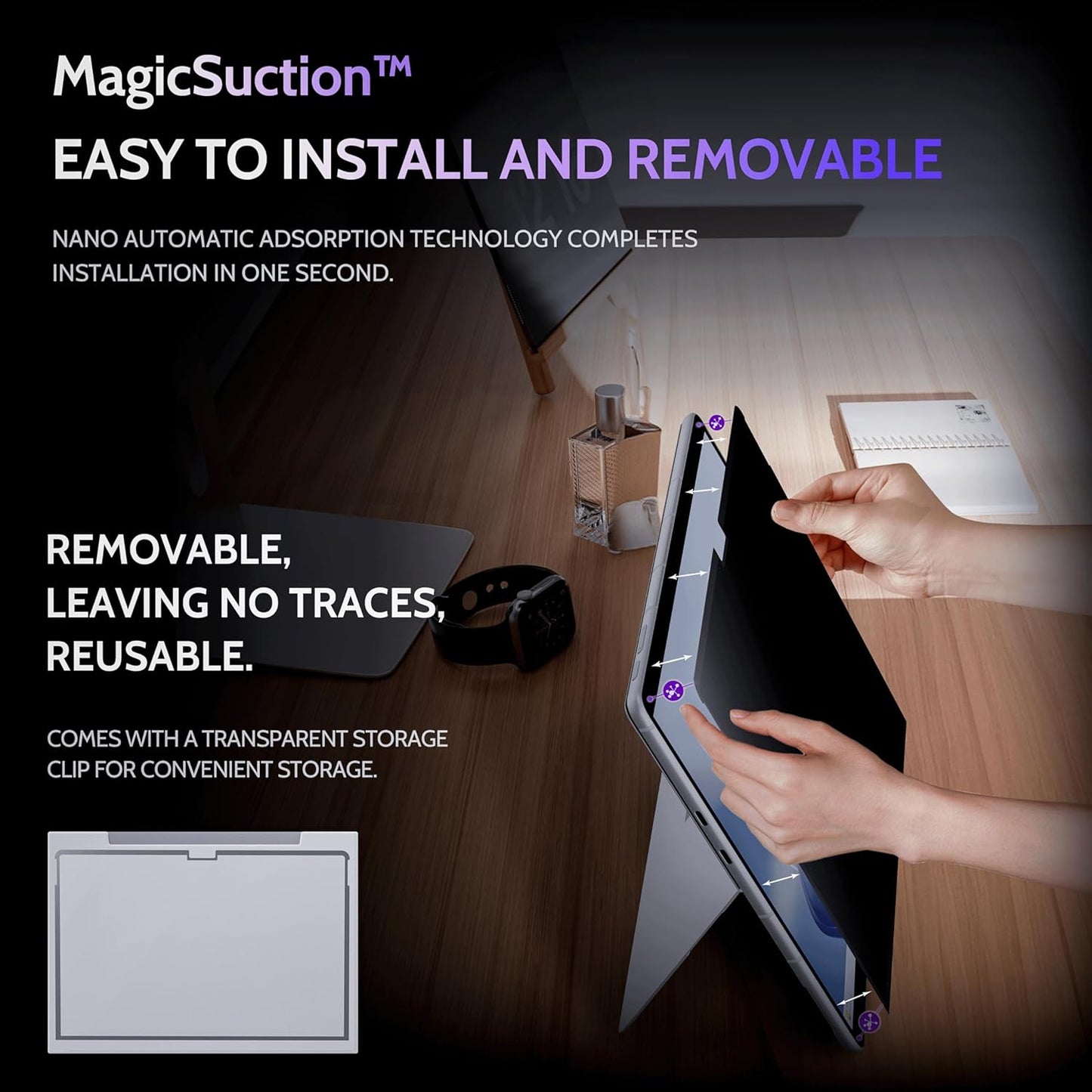 Privacy Screen for 12.3 Inch Surface Pro 7+/7/6/5/4/3, MagicSuction™ Removable Anti Spy Black Protector, Glare Blue Light Filter for Microsoft Laptop Computer Monitor