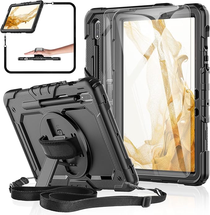 Case for Samsung Galaxy Tab S8/S7 11-inch 5G Tablet Case 2022/2020, [with Tempered Glass Screen Protector],360° Rotating Kickstand/Hand & Shoulder Strap/S Pen Holder (Black)