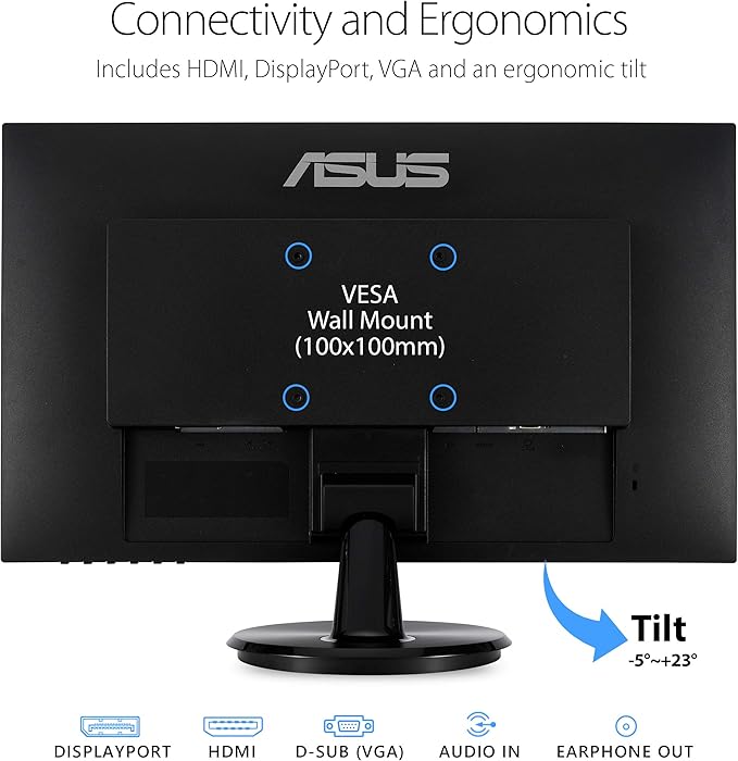 ASUS VA24DQ 23.8” Monitor, 1080P Full HD, 75Hz, IPS, Adaptive-Sync/FreeSync, Eye Care, HDMI DisplayPort VGA, Frameless, VESA Wall Mountable ,BLACK