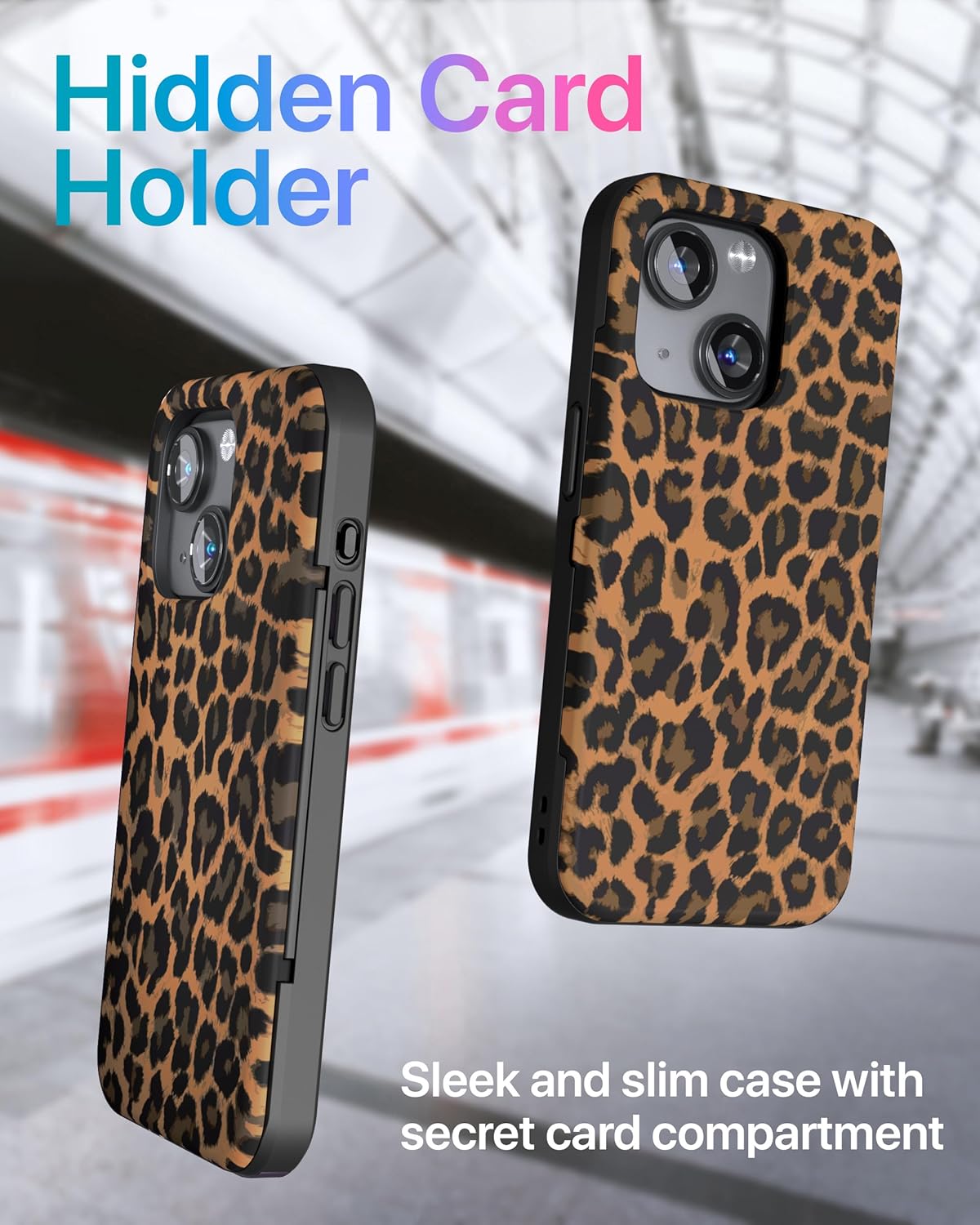 TORU CX Slim for iPhone 15 Case Wallet | Protective Shockproof Heavy Duty Cover with Hidden Card Holder & Card Slot | Mirror & Wrist Strap Included - Leopard