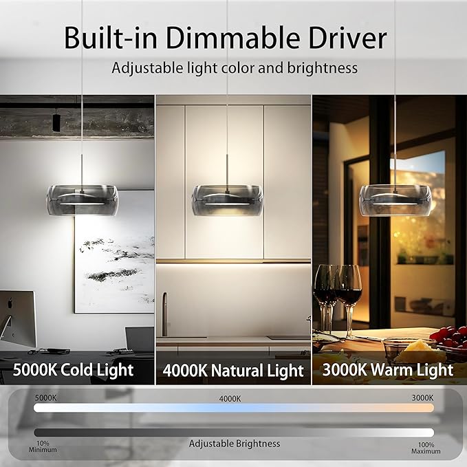 Pendant Lights Kitchen Island Dual-Sided LED Lighting, Adjustable Hanging Length, Smoked Glass Shade, Dimmable, Modern Ceiling Light Fixture for Dining Room, Bar, Living Room, Chrome Silver
