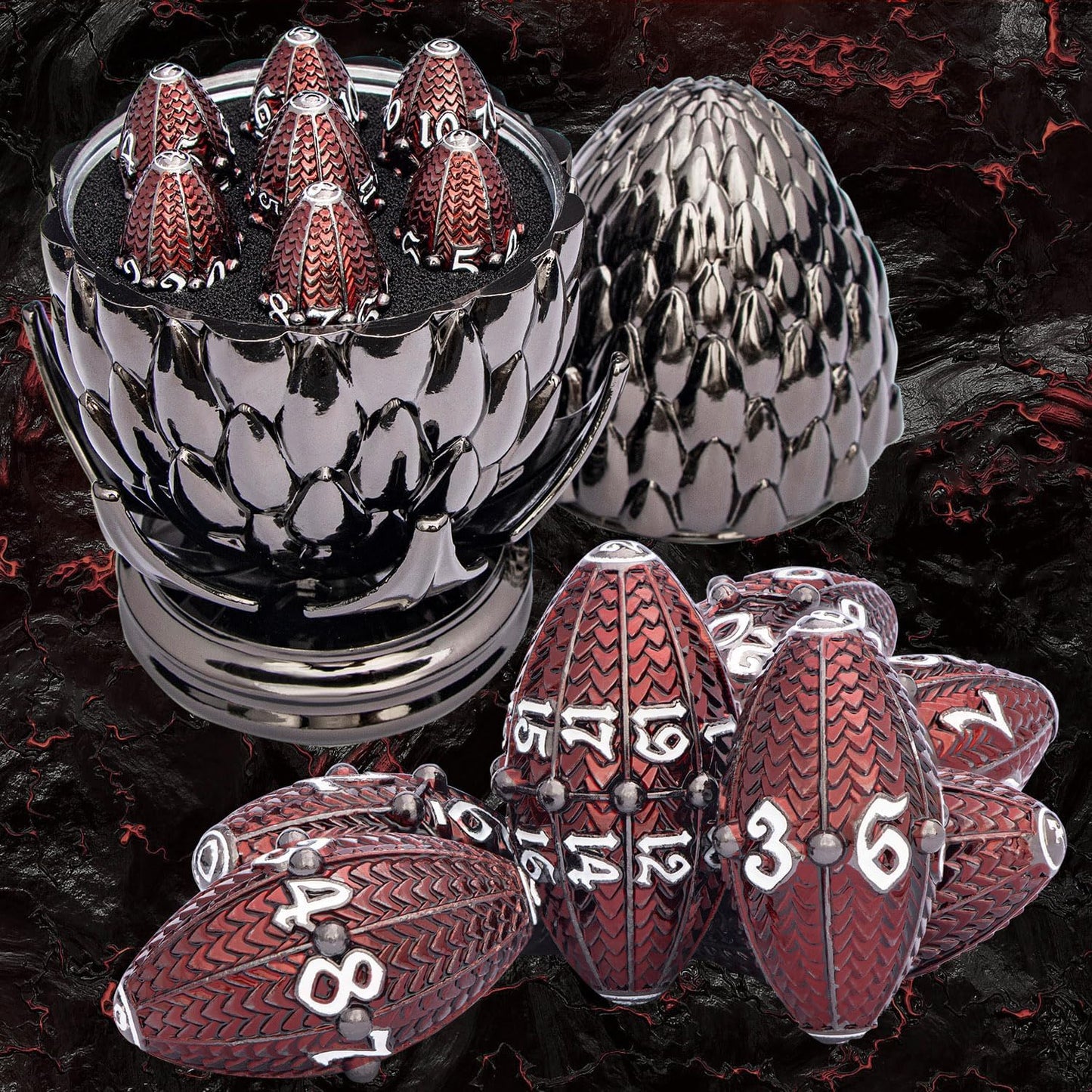 ARUOHHA DND Metal Dice Black Red Dragon Egg Dice with Rotating Dragon Egg Shell, Role Playing Game RPG Polyhedral D and D Dice Set D20 D12 D10 D8 D6 D4