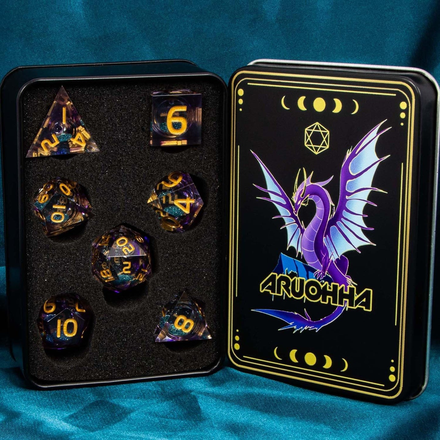 ARUOHHA Liquid Core DND Dice Set, 7pcs Resin Sharp Edged Dice RPG Purple Polyhedral D and D Dice with Gift Box, Role Playing Dice Set D20 D12 D10 D8 D6 D4
