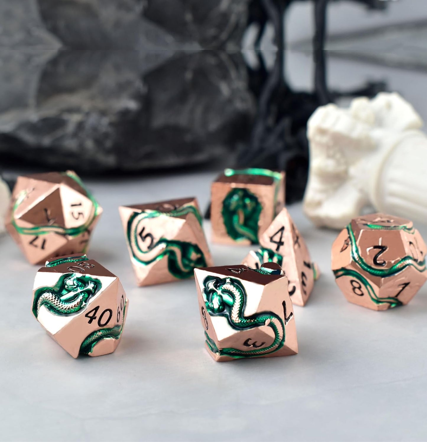 RULE DICE Serpent's Embrace Metal DND Dice Set - 7pc Polyhedral D&D Dice for TTRPGs Like Dungeons and Dragons and Pathfinder - Emerald Green Snake Design, Heavy & Balanced for Tabletop Gaming