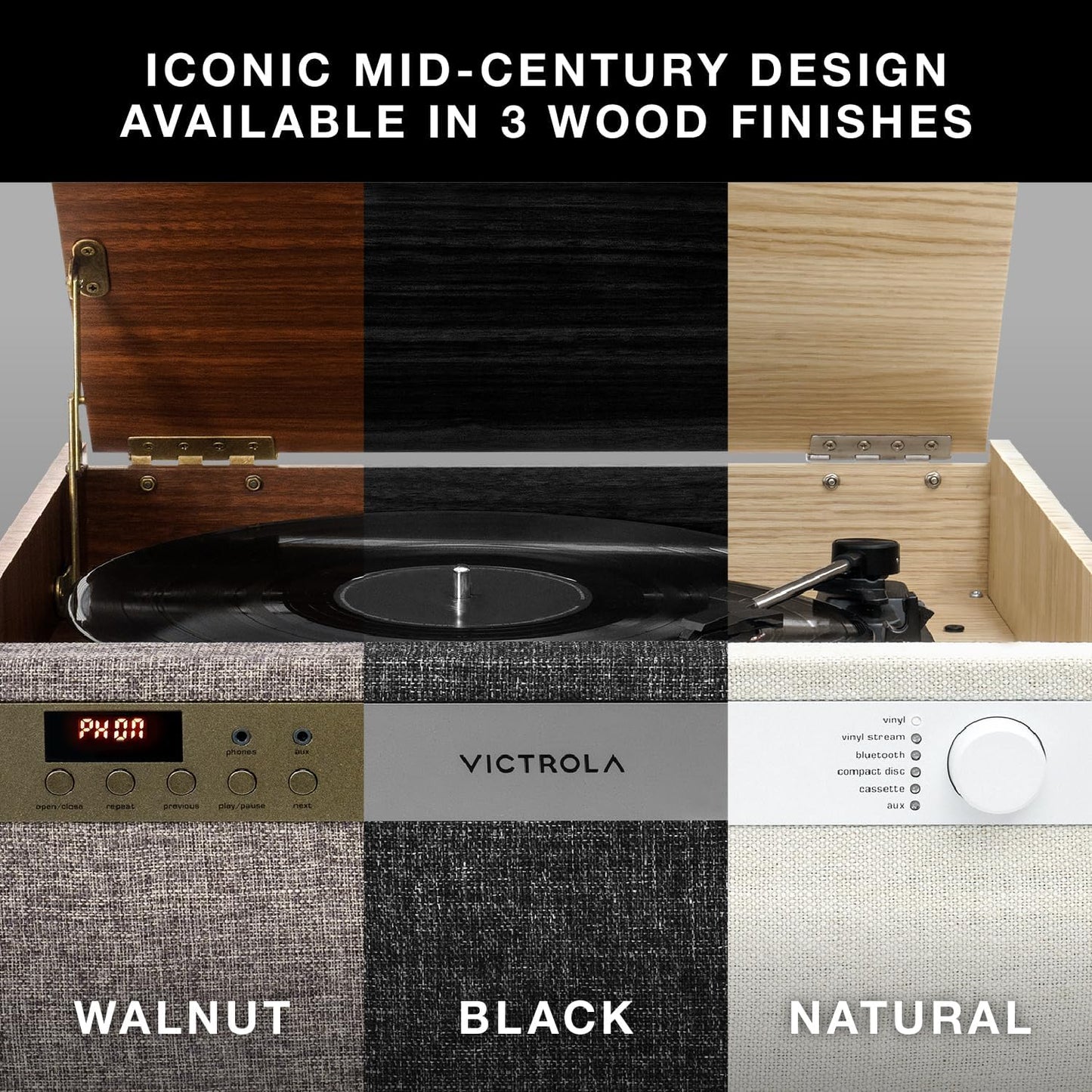 Victrola Century 6-in-1 Vinyl Record Player & Music Center – 3-Speed Turntable, CD & Cassette Player, VINYLSTREAM, Bluetooth & 3.5mm Aux, Record Player with Speakers, Mid Century Design (Natural)