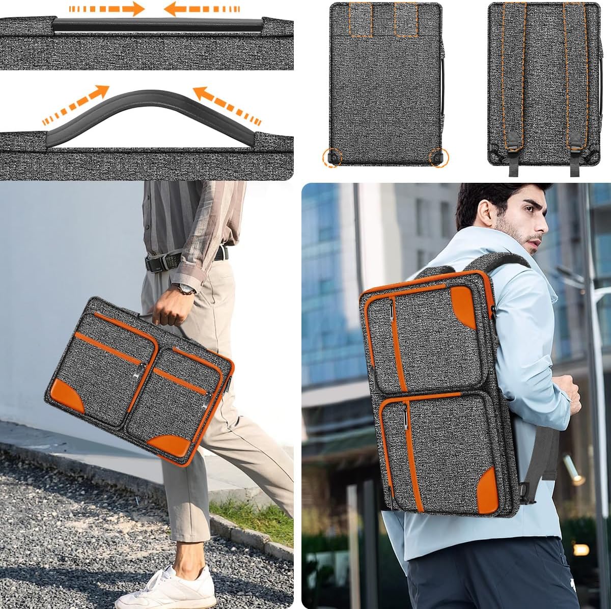 Hseok Laptop Case 15 15.6 16 inch Sleeve with Handle and Hidden Strap,Compatible with MacBook Pro 15.4 16, 360° Protective PC Briefcase with 4 Pockets for Laptop Accessory,Easy to Carrying,Gray-Orange