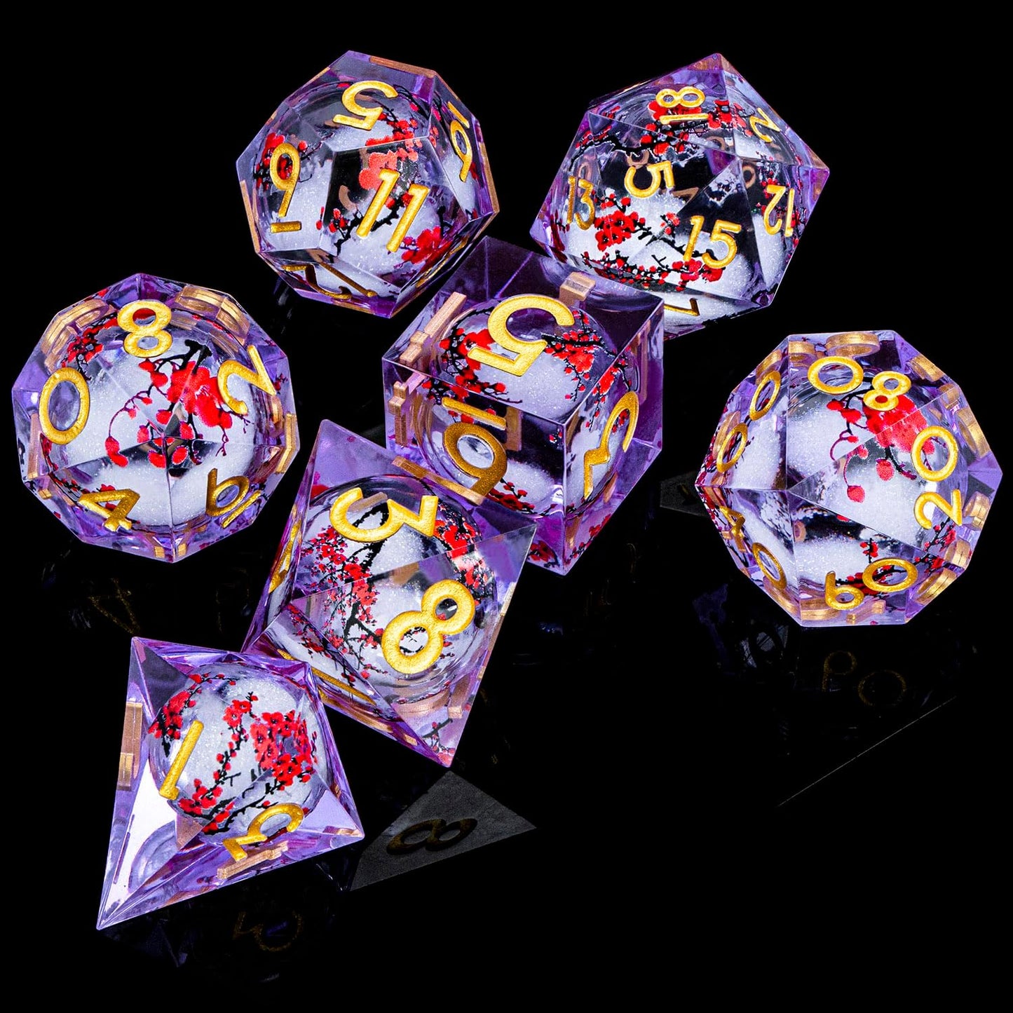 ARUOHHA DND Resin Dice Plum Blossom Liquid Core Golden Purple Sharp Edged Dragons Polyhedral Dice Set with Gift Box, Dungeons D and D Dice Set Role Playing Game D20 D12 D10 D8 D6 D4