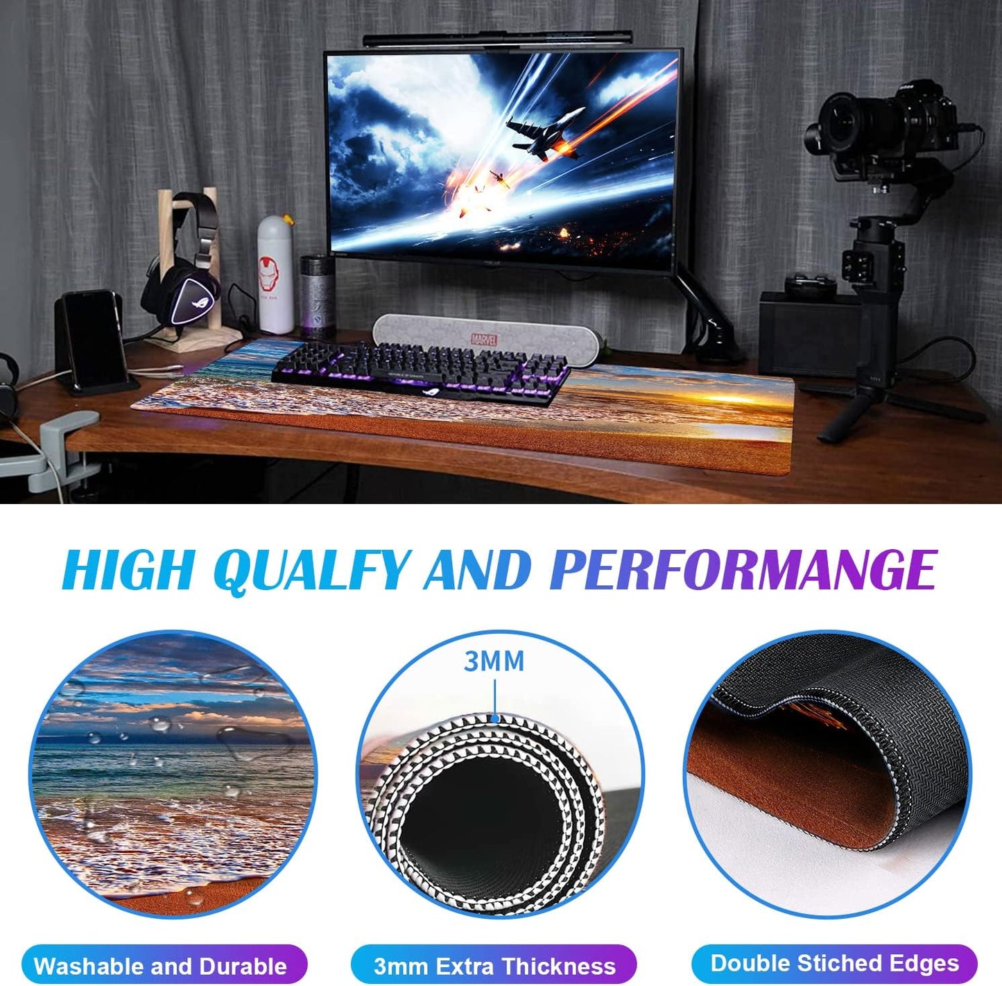 Large Extended Gaming Mouse Pad with Stitched Edges, Non-Slip Waterproof Rubber Base Mouse Pad for Office, Computer, Keyboard, Laptop and Home Desk Pad 35.4 x 15.7 x 0.12 Inch (Beach at Sunset)