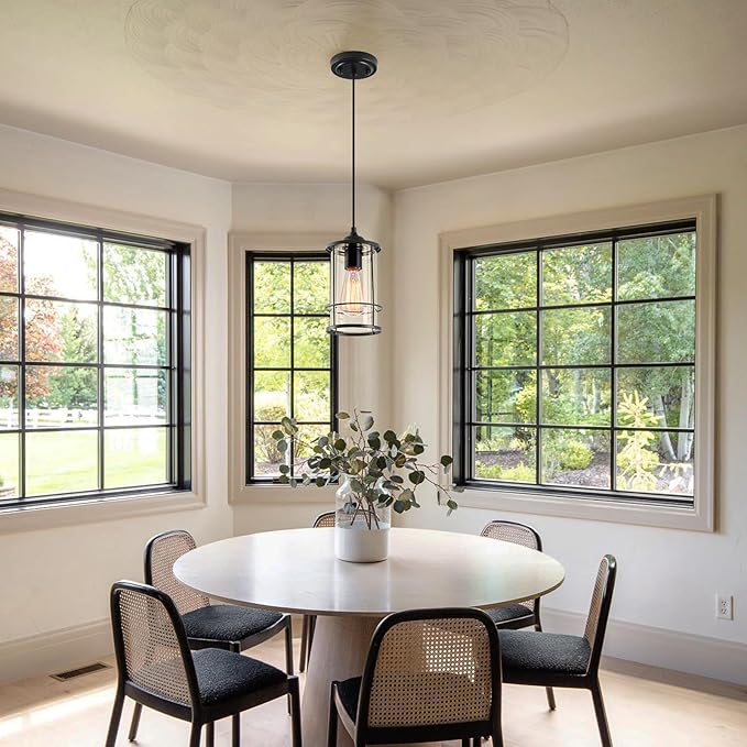 Black Pendant Light Kitchen Island Glass Pendant Light Fixture, Kitchen Hanging Lights with Clear Glass, Modern Farmhouse Cage Pendant Lights for Dining Room Hallway Bathroom