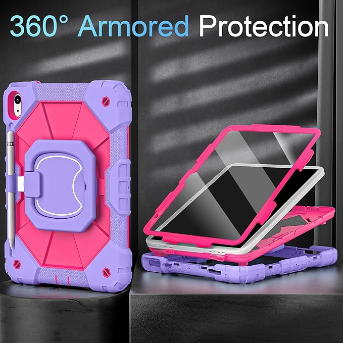 Case for iPad (A16) 11th Gen 11 Inch (2025) /iPad 10th Gen 10.9 Inch (2022) with Screen Protector/Rotating Stand/Pencil Holder,Military Grade Shockproof i Pad Case 10th Generation,Purple Pink