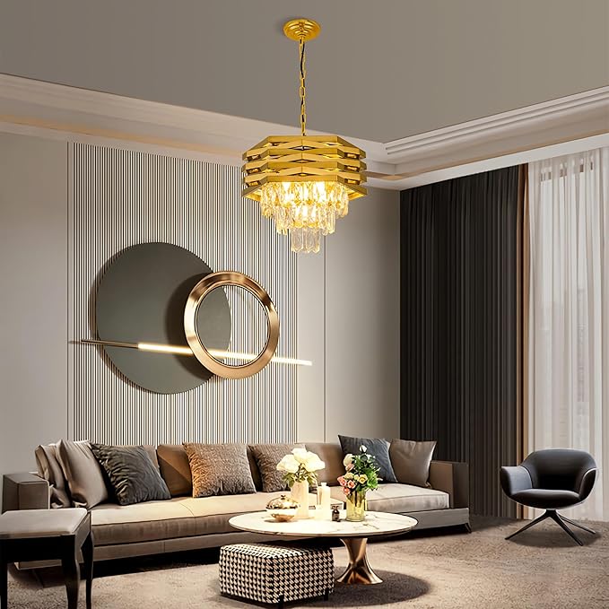 5-Light Gold Crystal Pendant Light 15.75" Modern Crystal Chandelier 3-Tier Luxury K9 Hanging Lighting Fixtures for Dining Room Hallway Living Room Bedroom Foyer Entryway Kitchen Island