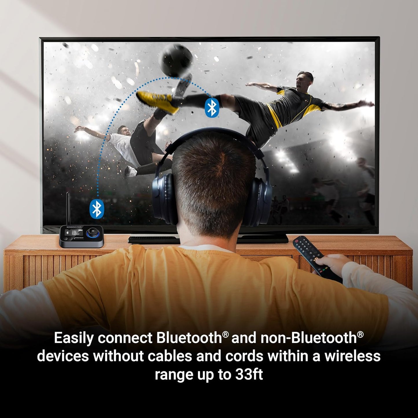 Monster Bluetooth Transmitter & Receiver, 2-in-1 Bluetooth Audio Adapter, Stream to/from NonBluetooth Devices, Stream TV to 2 Headphones, 33 ft Range, Analog & Digital, TV USB Powered, 3.5mm Aux Port