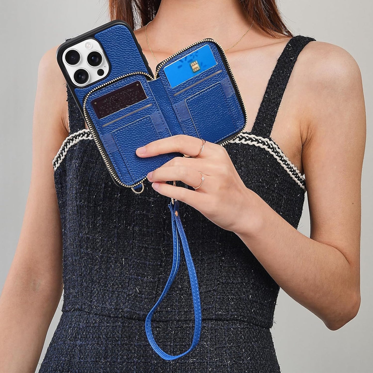 ZVE for iPhone 15 Pro Crossbody Wallet Case for Women, Card Holder Phone Purse Case, RFID Blocking Zipper Leather Cover with Wrist Strap for iPhone 15 Pro(6.1 inch)- Navy Blue
