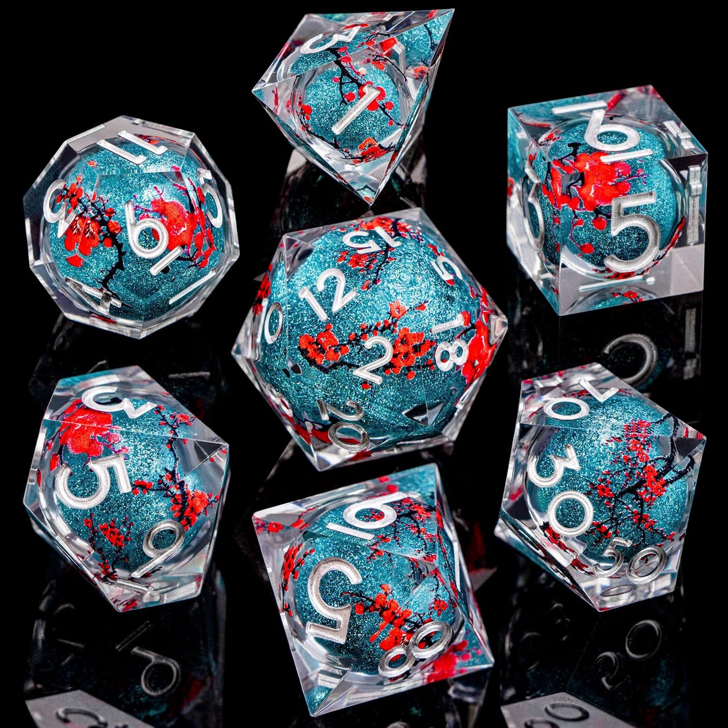 ARUOHHA DND Resin Dice Plum Blossom Liquid Core Dice Silver Blue Sharp Edged Dragons Polyhedral Dice Set with Gift Box, Role Playing Game Dungeons D and D Dice Set D20 D12 D10 D6 D4