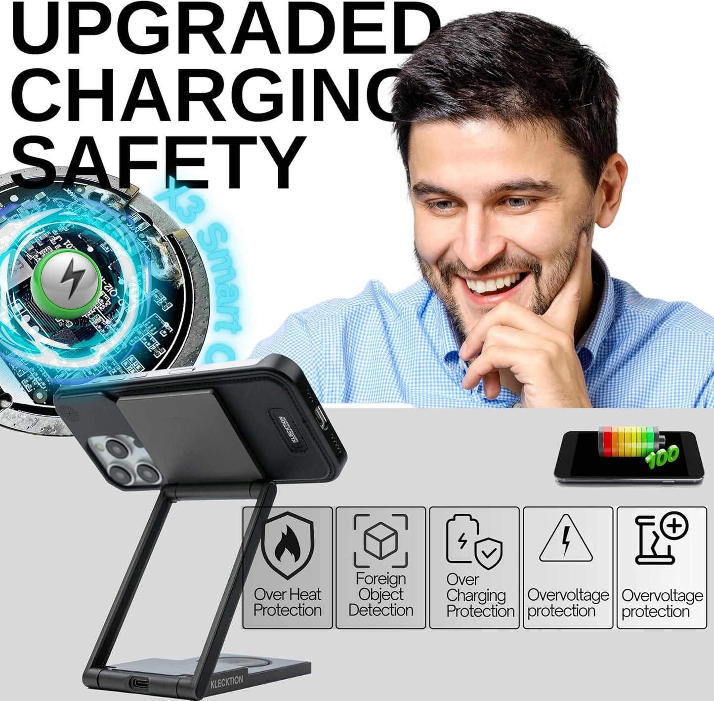 T3 3-in-1 Wireless Charging Station – MagSafe iPhone 16/15/14/13/12, AirPods & Apple Watch|15W Fast Charge|Foldable Ultra-Compact Travel Stand|Zinc Alloy&Tempered Glass|N52 Super Magnet