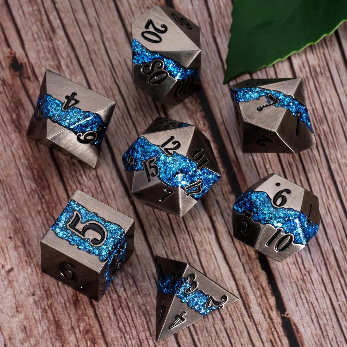 Metal DND Polyhedral Dice,Large Stripe Glitter Metallic Dice Set,Antique Silver Dice 7pcs Set for Role Playing Games