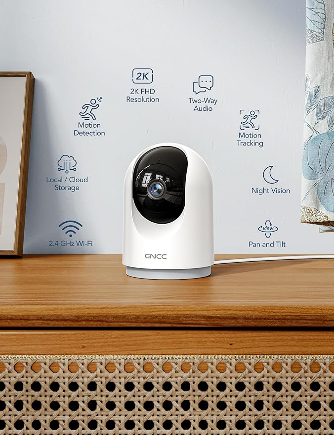 GNCC Indoor Security Camera, 2K Cameras for Home Security with Motion Detection, Baby/Pet Camera with Phone App, Night Vision, 2-Way Audio, TF/Cloud Storage, Works with Alexa & Google Home, 2.4G WiFi