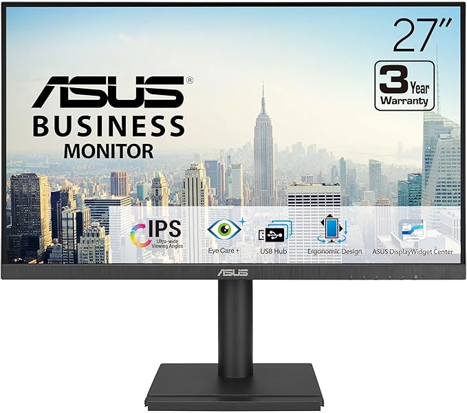 ASUS 27” 1080P Business Monitor (VA27DQFS) - IPS, 100Hz, 1ms, Adaptive-Sync, HDMI, DisplayPort, VGA, for Working and Gaming, Ergo Design, Blue Light Filter, Flicker Free, 3 yr Warranty TAA Compliant