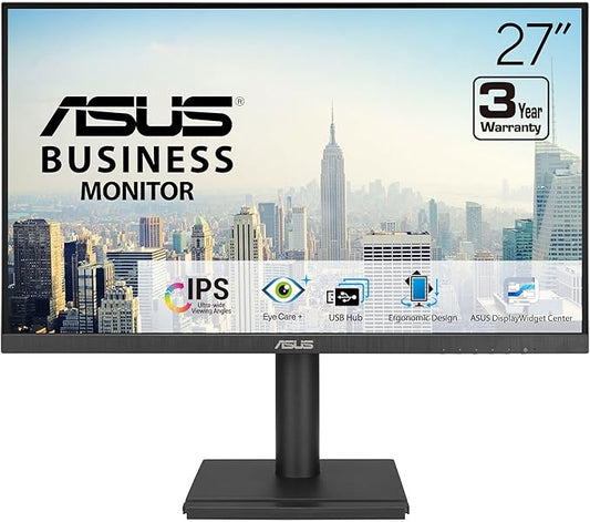 ASUS 27” 1080P Business Monitor (VA27DQFS) - IPS, 100Hz, 1ms, Adaptive-Sync, HDMI, DisplayPort, VGA, for Working and Gaming, Ergo Design, Blue Light Filter, Flicker Free, 3 yr Warranty TAA Compliant
