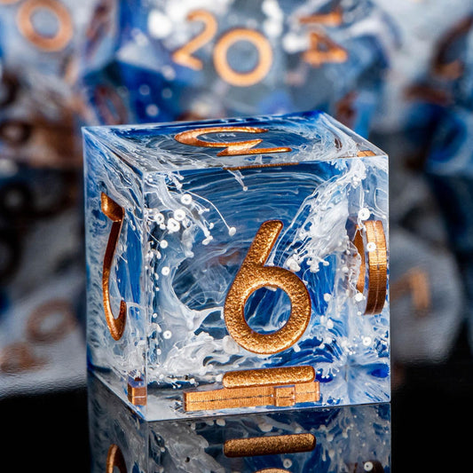 ARUOHHA Blue DND Resin Dice Set 7PCS Translucent Handmade RPG Polyhedral Sharp Edge Dice Set with Gift Box, Glitter Inclusions D and D Dice D20 D12 D10 D8 D6 D4