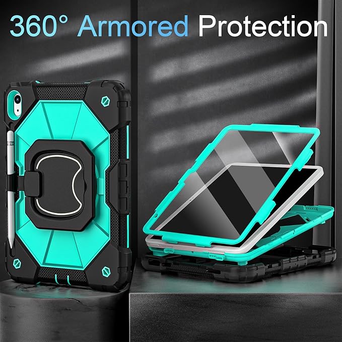 Case for iPad (A16) 11th/10th Generation 2025/2022,iPad Case 10th Generation with Rotating Stand Screen Protector,Shockproof Cover for i Pad 11.0/10.9 Inch Cases,Black Mint
