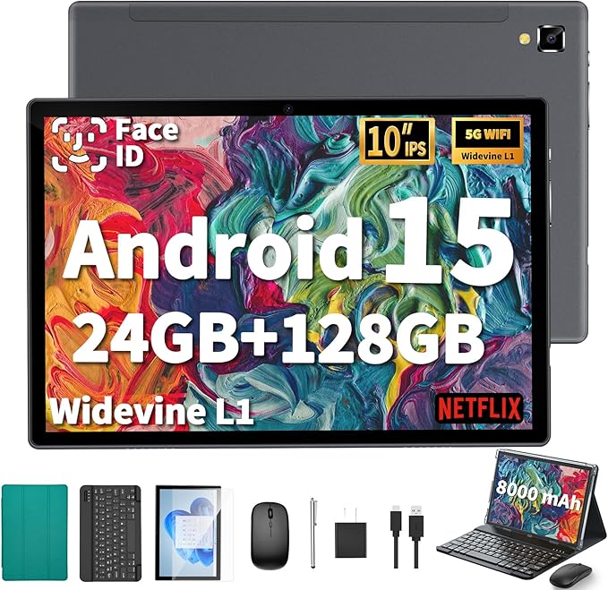 YOBANSE 2025 Tablet with Keyboard, 24GB RAM, 128GB ROM(2TB Expand), 10.1 inch Android 15 Tablet, 8000mAh Battery, BT 5.0, GMS Certified, 5G/2.4G WiFi, Tablets with Mouse, Case, Stylus-Green Case