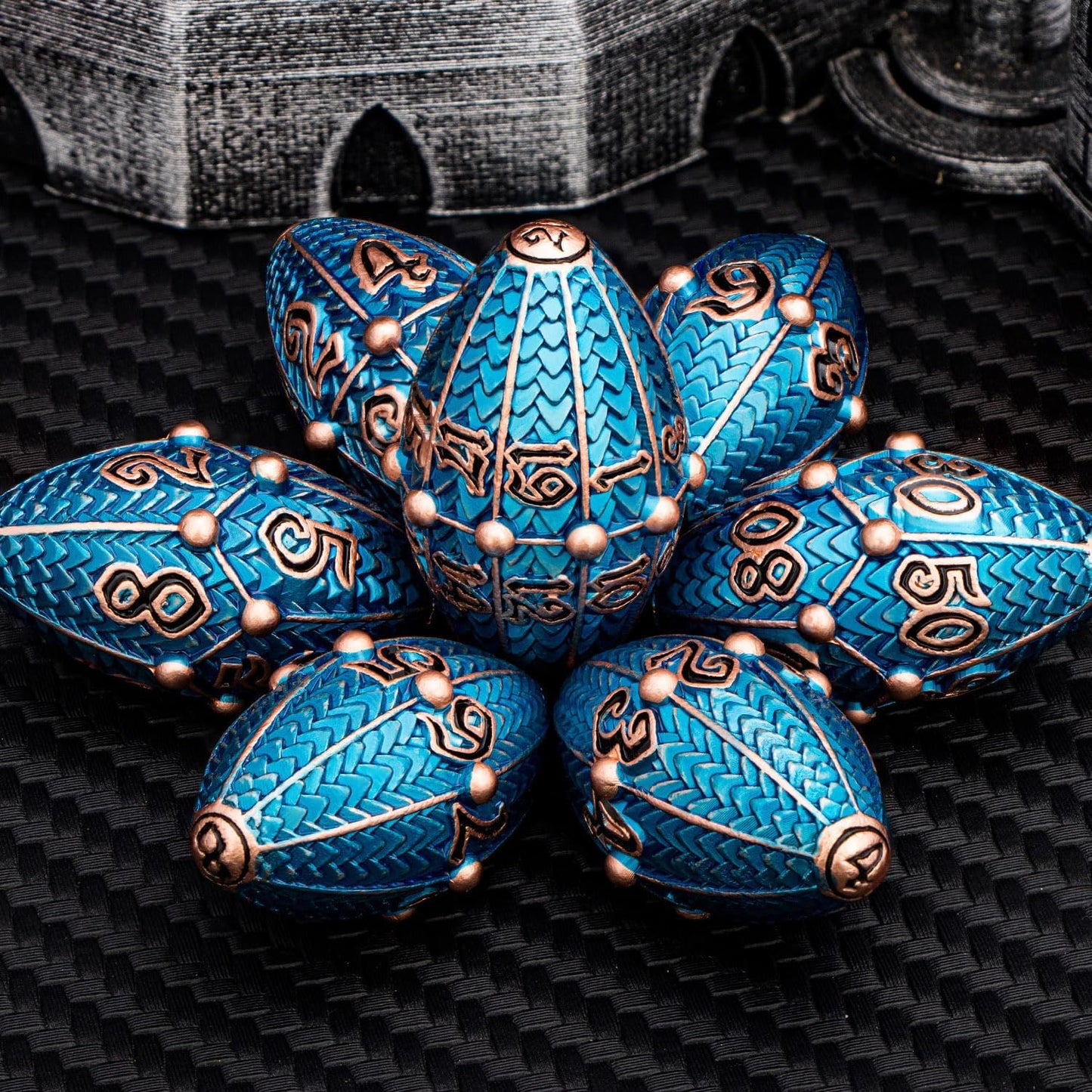 ARUOHHA DND Metal Dice Copper Blue Dragon Egg Dice with Rotating Dragon Egg Shell, Role Playing Game RPG Polyhedral D and D Dice Set D20 D12 D10 D8 D6 D4