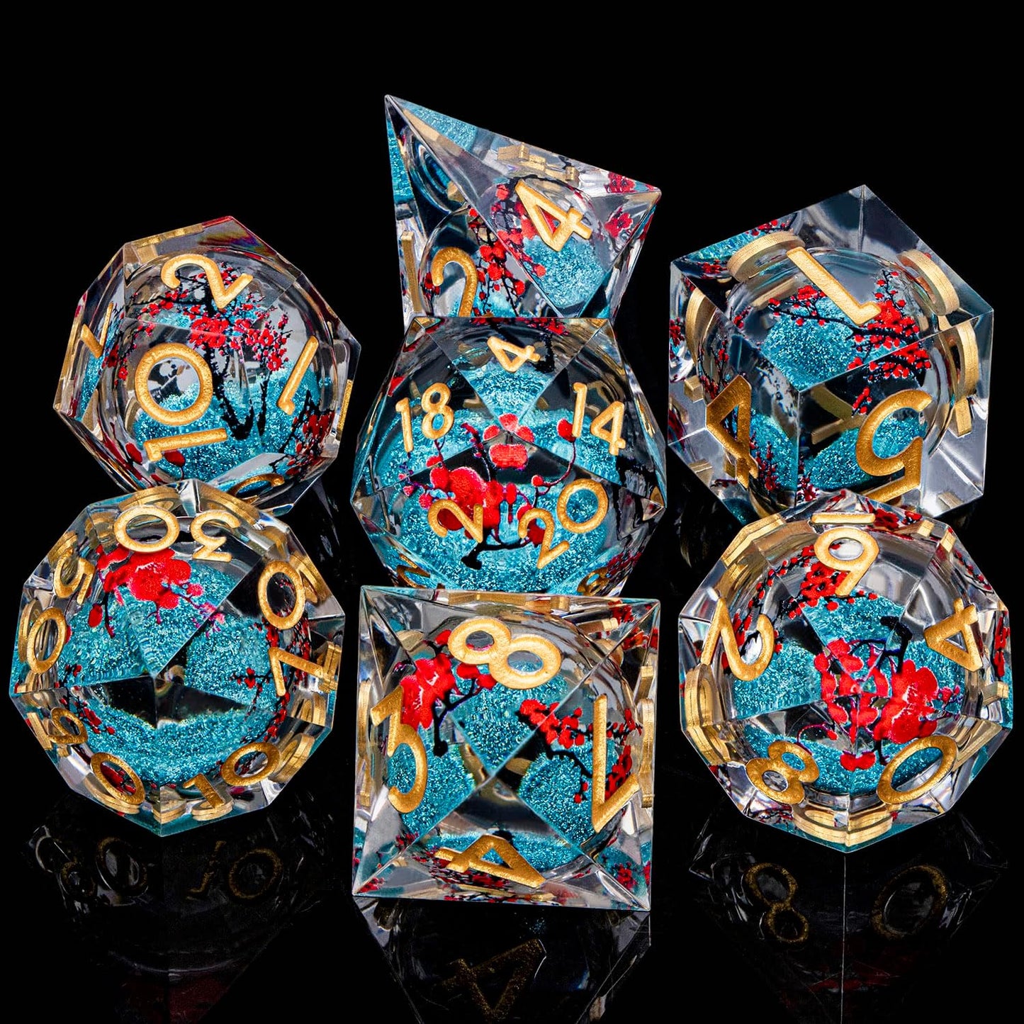 Plum Blossom DND Dice Blue Liquid Core Dice Set with Metal Box, Handmade Sharp Edge Dice D and D Polyhedral Dice for use with D&D RPG Role Playing Game ﻿