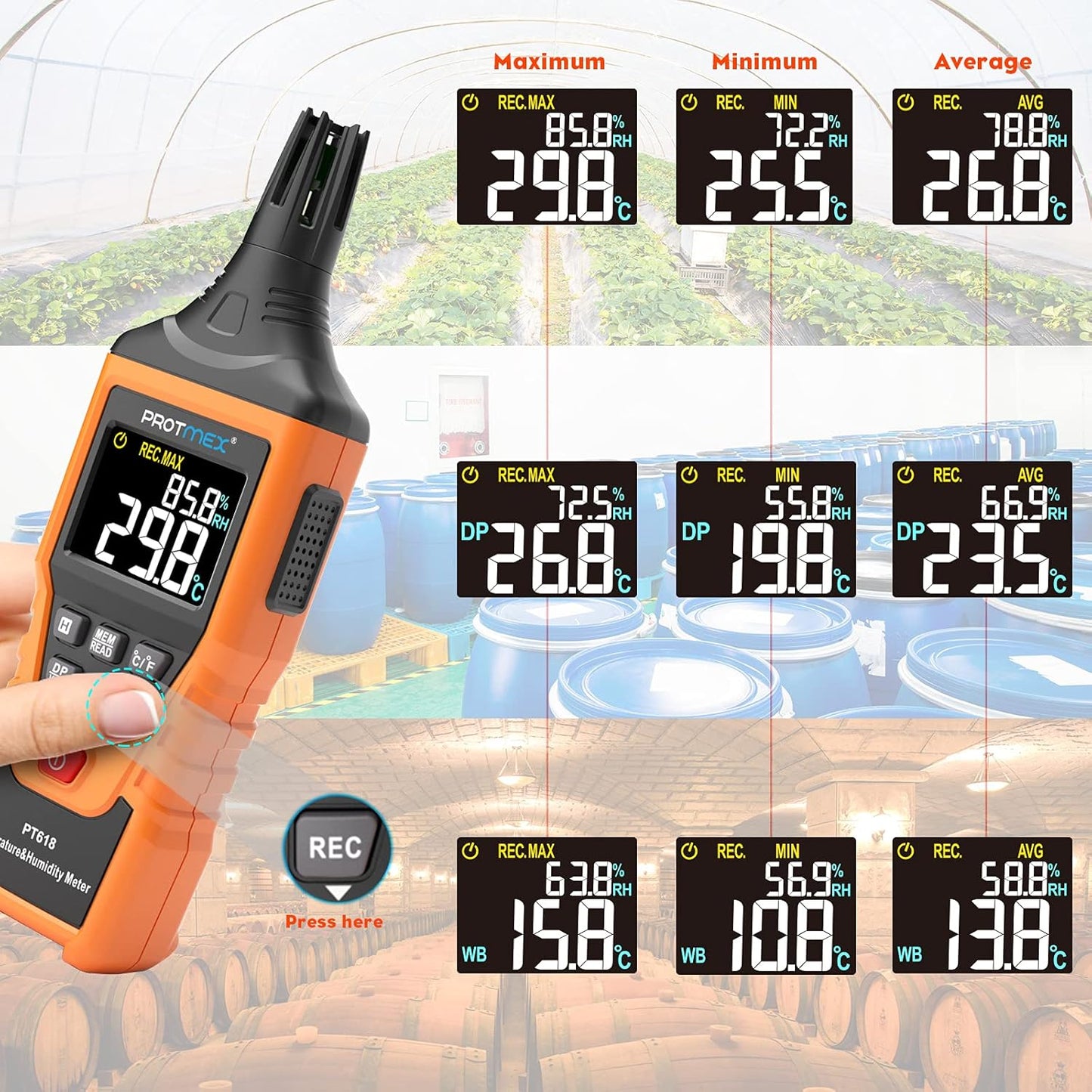Protmex PT618 Temperature Humidity Meter, Thermometer Hygrometer Monitor with Ambient, Dew Point, Wet Bulb for Indoor/Outdoor MIN, MAX, Data Hold, LCD Backlight