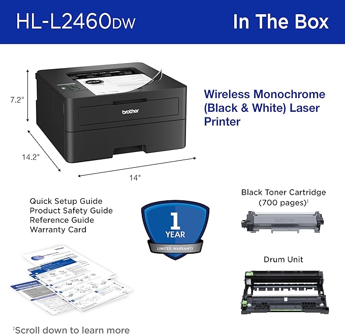 Brother HL-L2460DW Wireless Compact Monochrome Laser Printer with Duplex, Mobile Printing, Black & White Output | Includes Refresh Subscription Trial(1), (Renewed Premium - Refurbished)