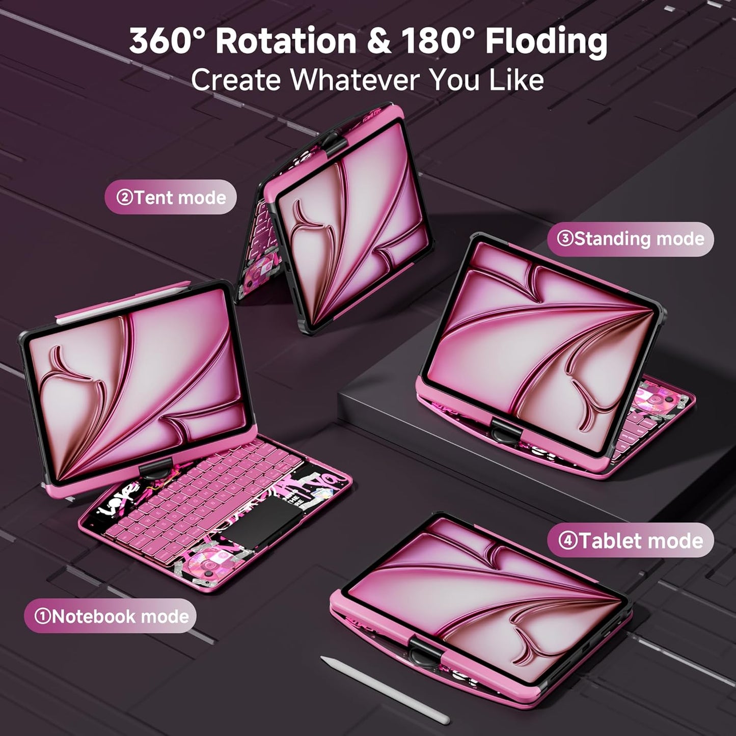 Keyboard Case for 12.9 inch iPad Pro 6/5/4/3rd Gen & 13 inch iPad Air (2025 M3, 2024 M2) Wireless Keyboard with Trackpad 7 Color Backlit, Transparent Protective Cover with Pencil Holder (Pink)