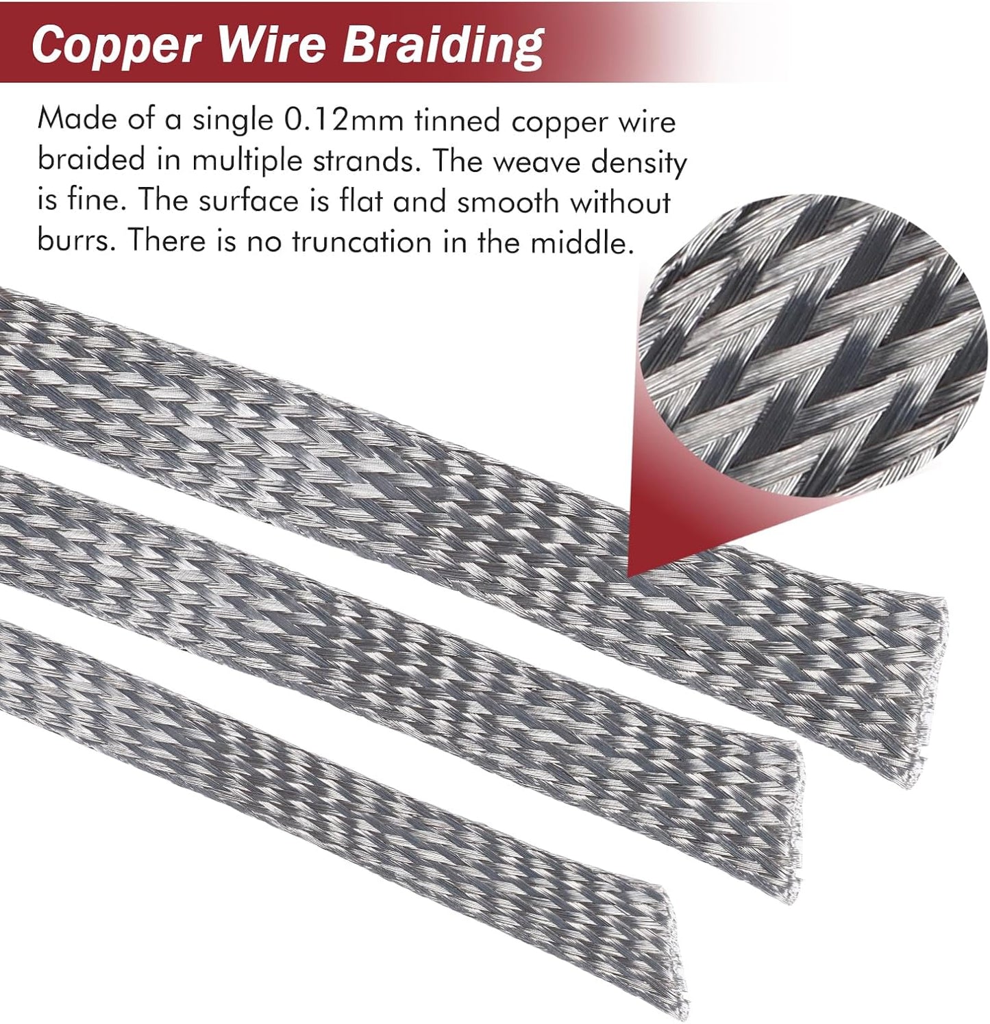 Tinned Copper Metal Braid Sleeving Wire Shielding Sleeve Braided Copper Ground Straps EMI/RFI Interference Expandable Flat Mesh Shielding Cable for Protect Wire (1/2inch-22ft)