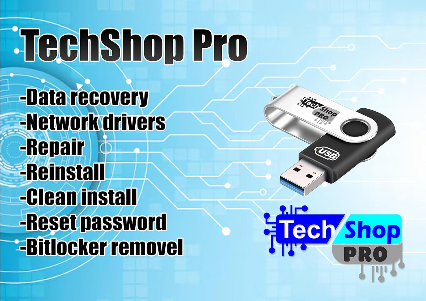 Techshoppro Bootable Win 11/10 / 8.1/7, USB Driver 3.2 for Reinstall Win, Reset Password, Network Drive,Supported UEFI and Legacy, Data Recovery, Repair Tool Bitlocker Removal