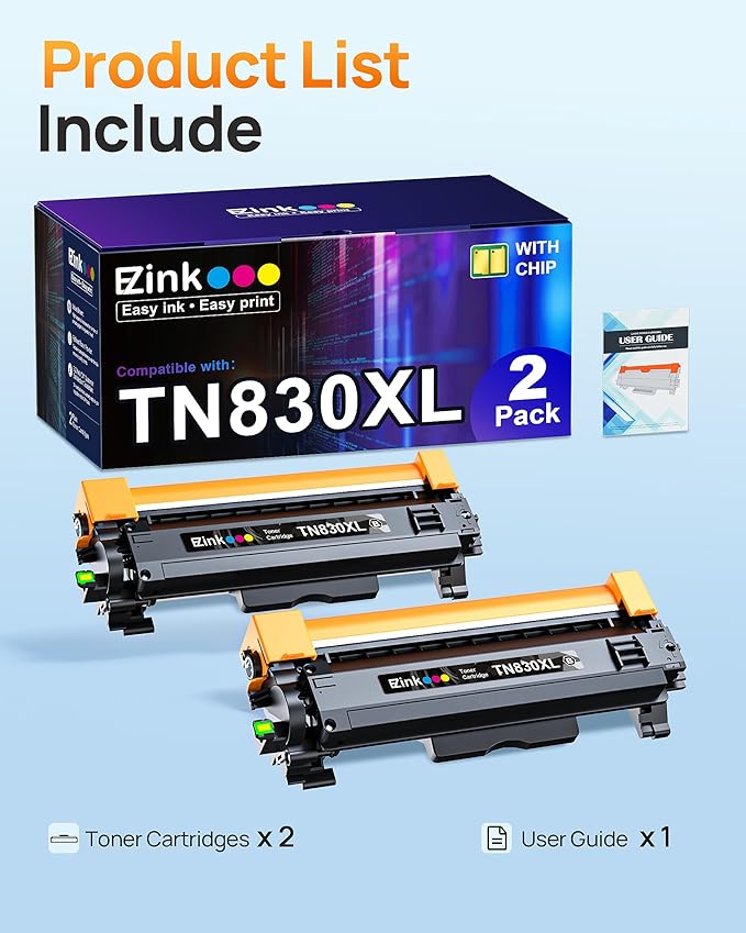 E-Z Ink Compatible TN830XL Toner Cartridge Replacement for Brother TN830XL TN830 TN 830 Toner Cartridges with Brother DCP-L2640DW HL-L2460DW HL-L2480DW HL-L2400D HL-L2405W Printer (2 x TN830XL Toner)