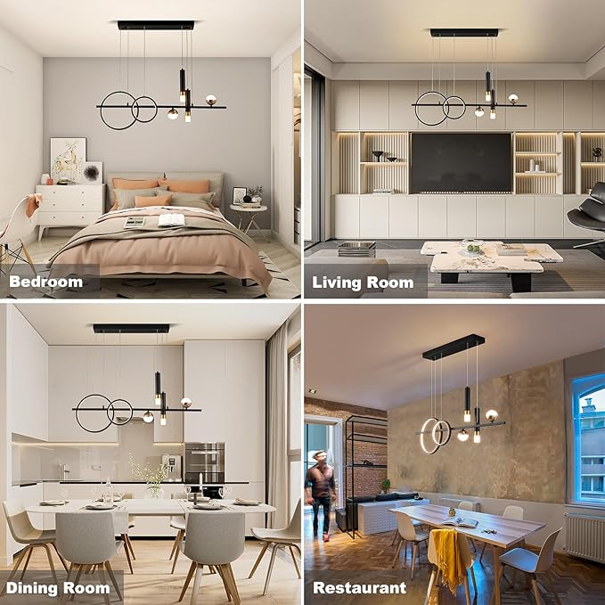 Siittoo Modern Chandeliers for Dining Room, Dimmable Led Linear Pendant Light with Remote Control, Black Gold Pendant Lighting Hanging Light Fixtures for Kitchen Island, Dining Room, Living Room (48W)
