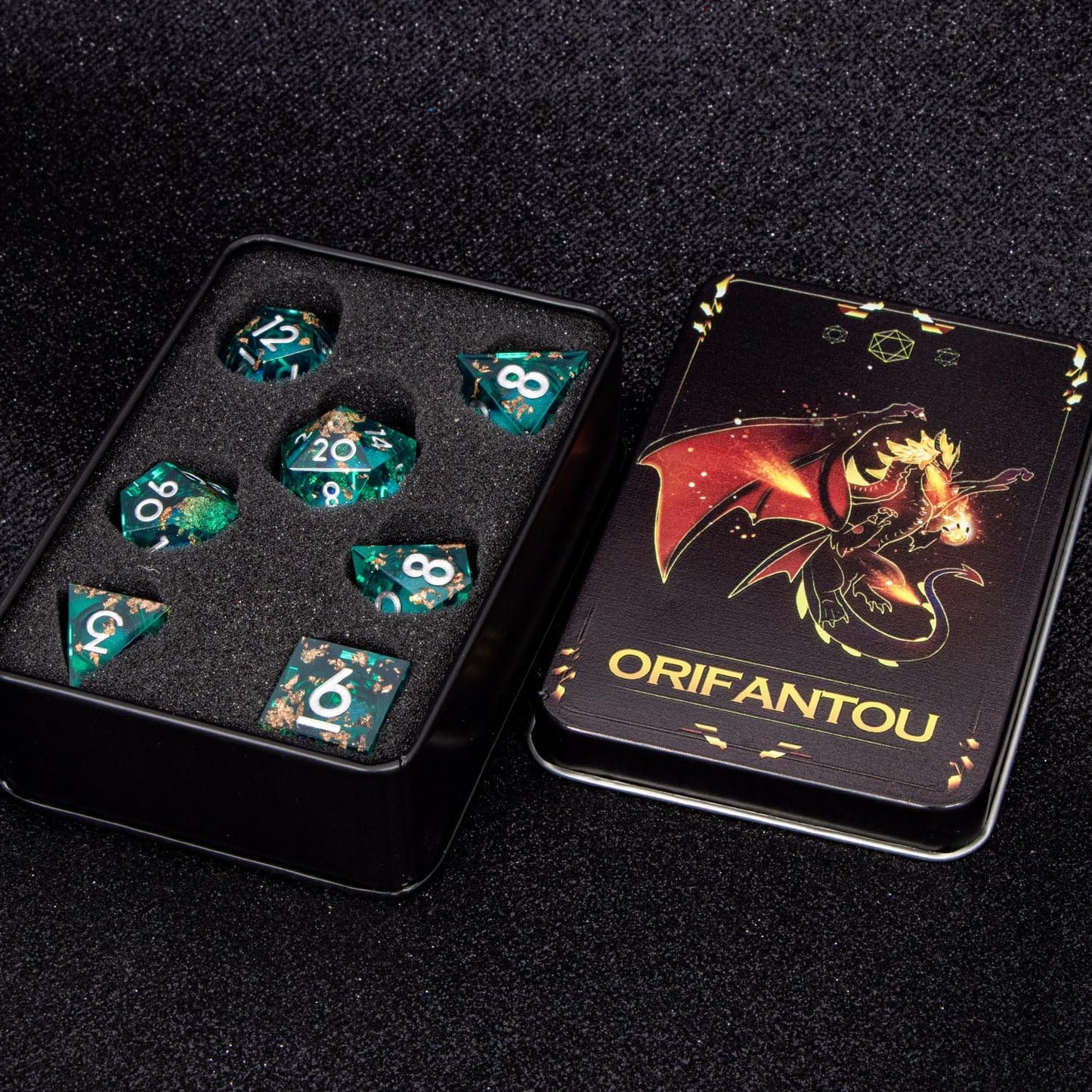 DND Dice Green Liquid Core Dice Set with Metal Box, Handmade Sharp Edge D and D Polyhedral Dice for use with RPG D&D Role Playing Game