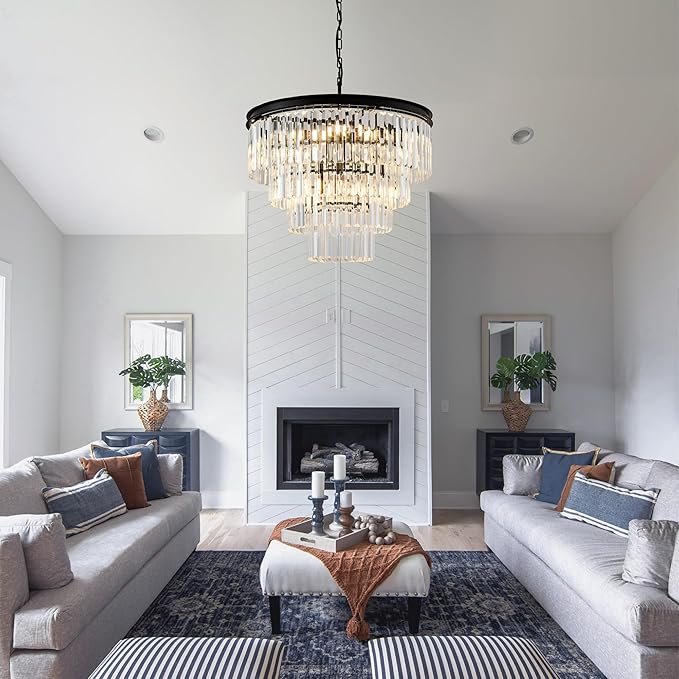 22.8" Crystal Chandelier Lights 10-Light K9 Crystal Pendant Light 4-Tier Black Luxury Crystal Hanging Light Fixture for Dining Room Living Room Kitchen Bedroom Stairway