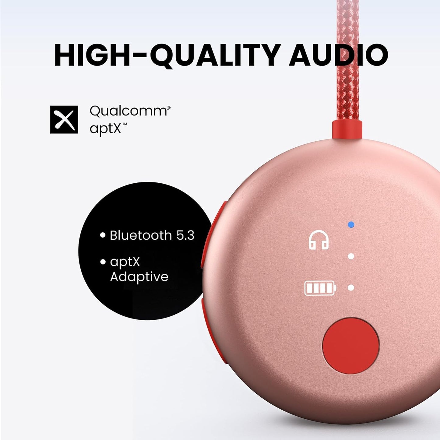 Avantree SoundJet R1 – Airplane Bluetooth Adapter for Headphones & AirPods, aptX Adaptive, Qualcomm Chipset, 20H Battery, Wireless Audio Transmitter for in-Flight Travel Essentials - Pink
