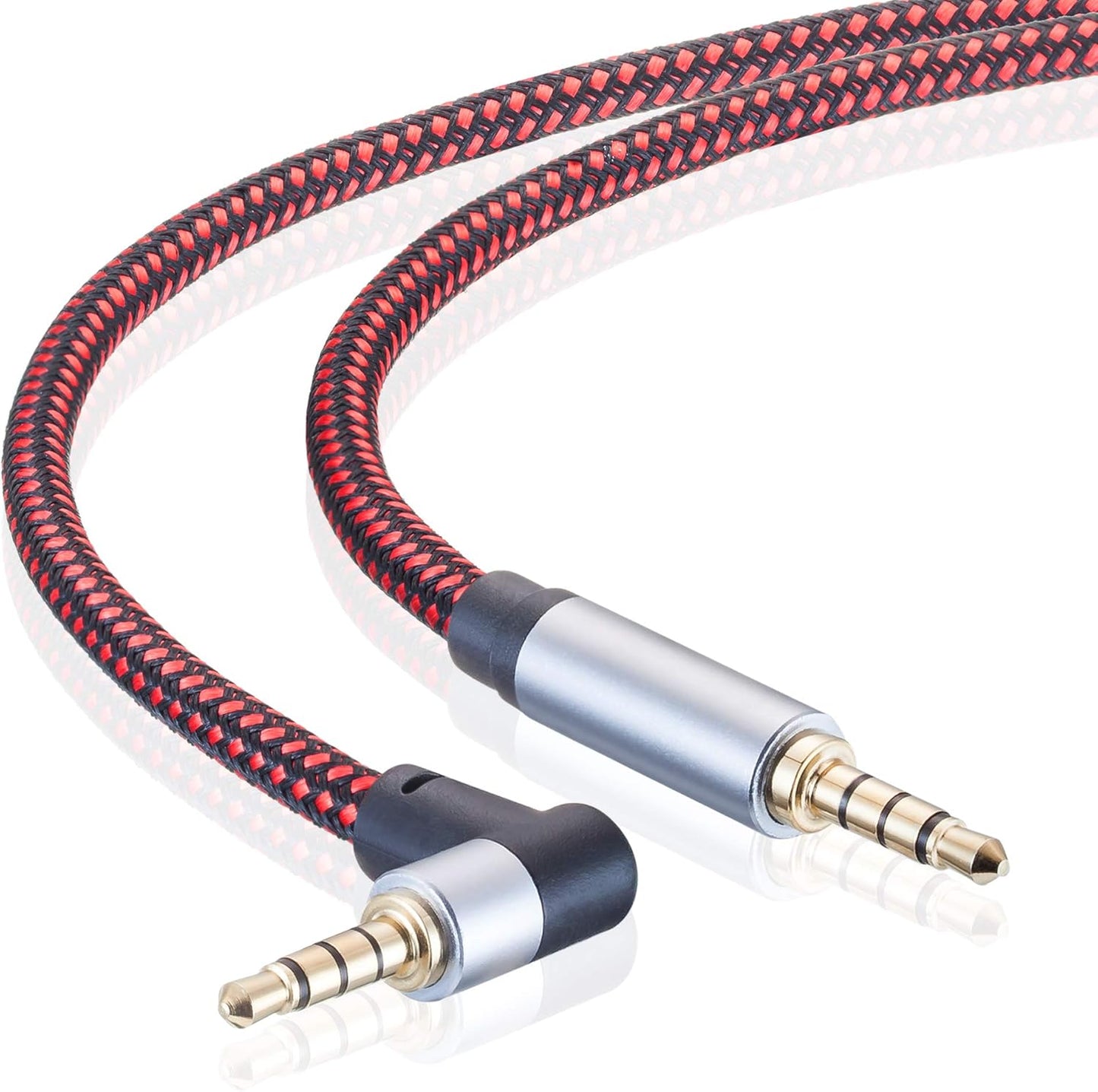 Male to Male Audio Cable 12Ft, 90 Degree TRRS 3.5mm 4 Pole Nylon Braided Stereo Auxiliary Cable for Headphones, PS4, Phone, Tablets, Headset, PC, Laptop and More