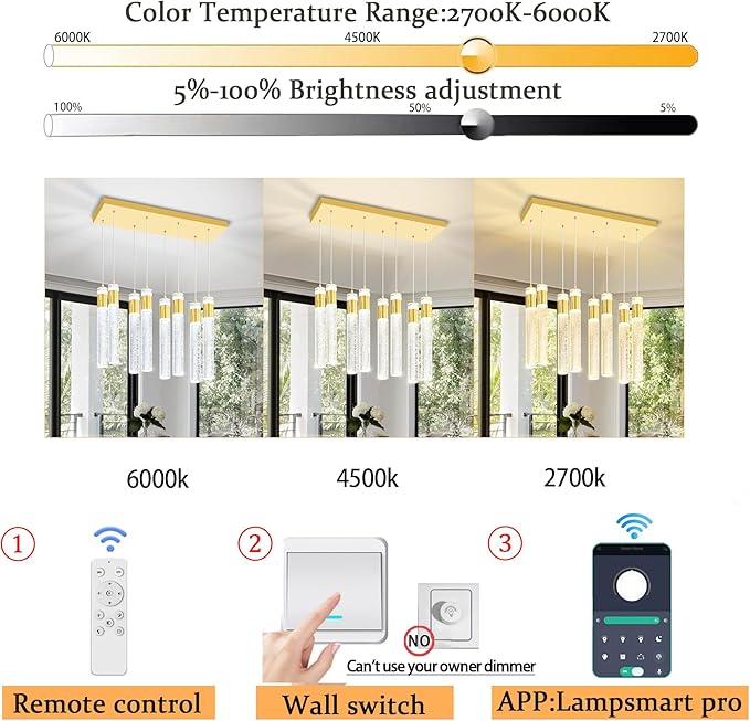 8-Lights Gold Hanging Pendant Light for Kitchen Island Modern Dimmable LED Crystal Chandeliers for Dining Room Bedroom Living Room Over Table Adjustable Height