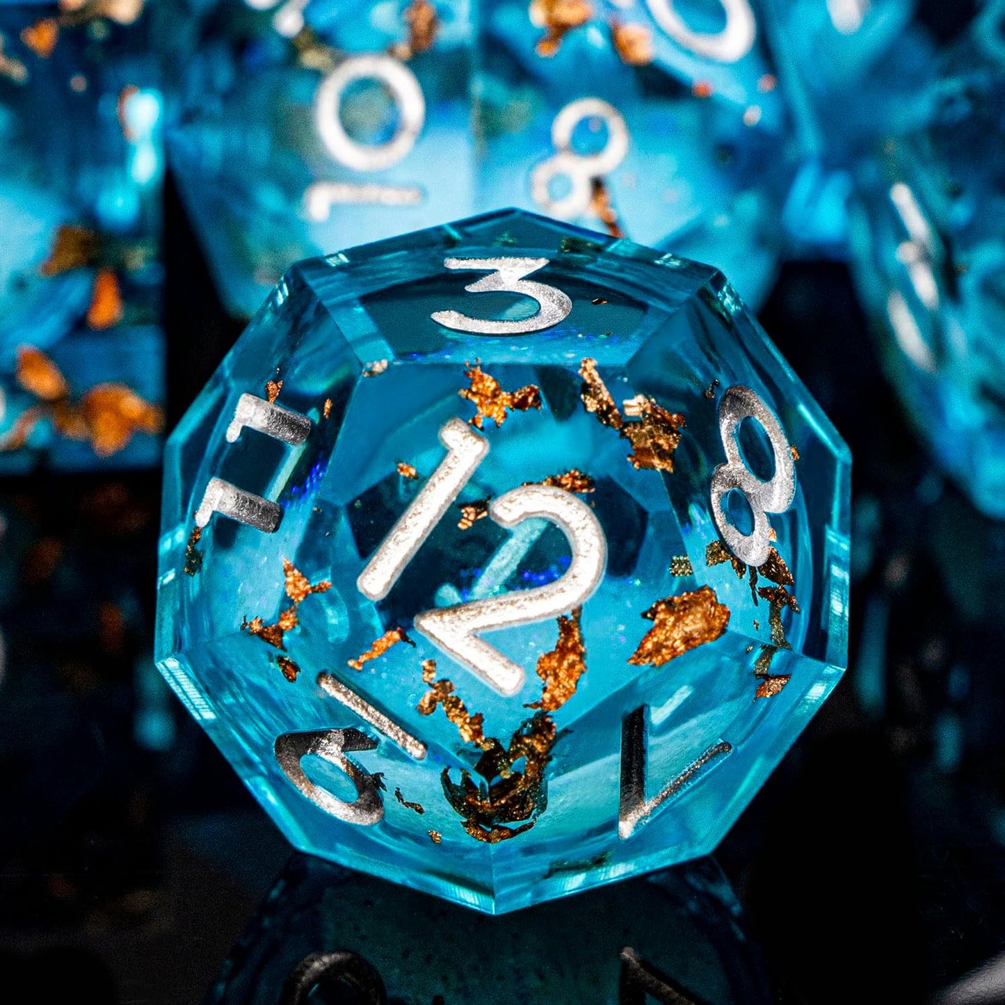 DND Dice Blue Liquid Core Dice Set with Metal Box, Handmade Sharp Edge D and D Polyhedral Dice for use with RPG D&D Role Playing Game